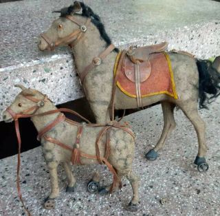 Large 8 " &6 " Santa Claus Horses Papermache Christmas German Toy 1880 