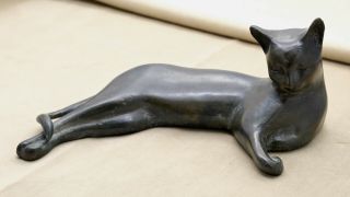 Vintage Antique Bronze Reclining Relaxing Cat Statue 10 " X4 " X6 "