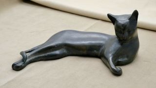 Vintage Antique Bronze Reclining Relaxing Cat Statue 10 