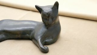 Vintage Antique Bronze Reclining Relaxing Cat Statue 10 