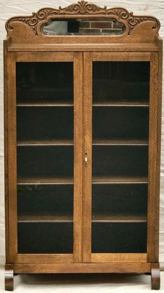 19th C.  Victorian Golden Oak Antique Bookcase With Mirrored And Carved Gallery.