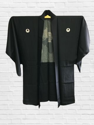 Vintage Japanese Kimono,  Mens Black Silk Haori,  Craft Material,  Japan,  Culture