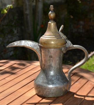 Antique Islamic Arabic Tinned Brass Coffee Pot Dallah 29cm Signed