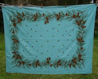 California Hand Prints Tablecloth Evergreen Branches & Pine Cones/vtg Turquoise