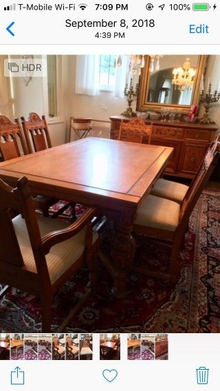 Great Antique Oak Dining Room Table,  6 Chairs,  Buffet And 2 Leafs