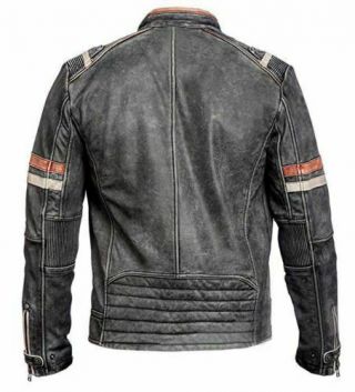 Men ' s Biker Vintage Style Cafe Racer Retro Distressed Leather Jacket /UK Seller 2