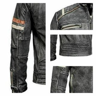 Men ' s Biker Vintage Style Cafe Racer Retro Distressed Leather Jacket /UK Seller 4