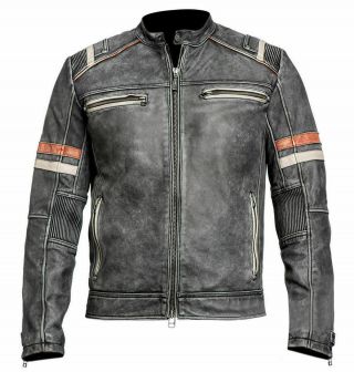 Men ' s Biker Vintage Style Cafe Racer Retro Distressed Leather Jacket /UK Seller 5