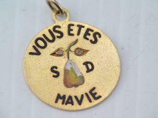 Old 1902 Solid 14k Gold Enamel Rose Cut Diamond Charm " You Are My Life " Antwerp