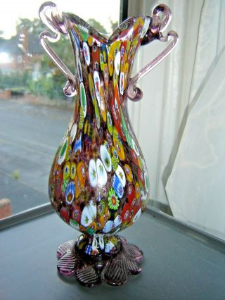 Vintage Murano Millifiori End Of Day Glass Two Handled Glass Vase 8  High