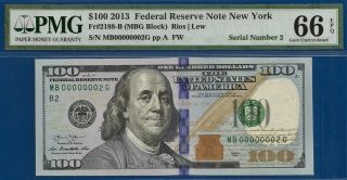 Rare Low Serial 2 Fr.  2188 - B $100 2013 Federal Reserve Note Pmg 66 Epq