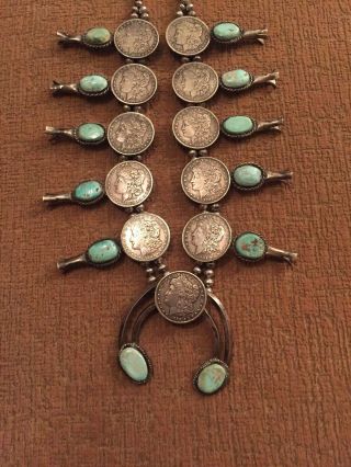 Huge Vintage Pawn Morgan Dollar and Turquoise Sterling Squash Blossom 427Grams 10