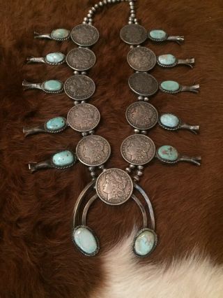 Huge Vintage Pawn Morgan Dollar and Turquoise Sterling Squash Blossom 427Grams 12