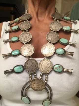 Huge Vintage Pawn Morgan Dollar And Turquoise Sterling Squash Blossom 427grams