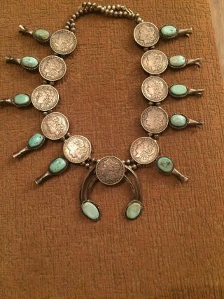 Huge Vintage Pawn Morgan Dollar and Turquoise Sterling Squash Blossom 427Grams 2