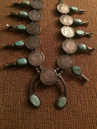 Huge Vintage Pawn Morgan Dollar and Turquoise Sterling Squash Blossom 427Grams 4