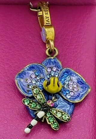 Vintage Jay Strongwater Flower & Dragonfly Orchid Charm Swavorski Crystals W/box