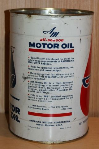 Rare Vintage 1950’s American Motors – AM Motor Oil - 5 US Quart Can 2