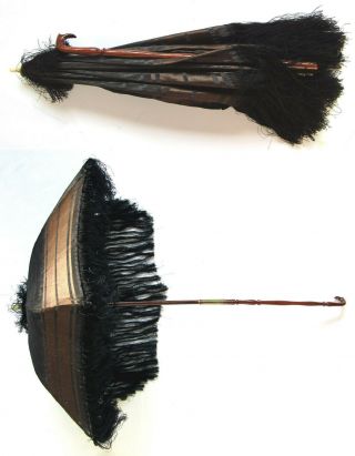 Antique Early Victorian Brown Stripe Silk Moire Carriage Parasol Umbrella C 1845