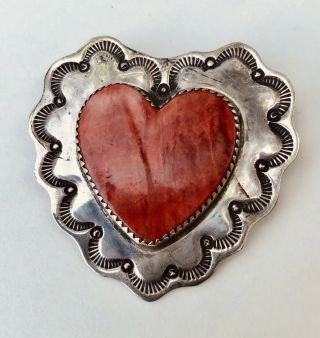 Vintage Navajo Indian Sterling Silver & Shell Heart Shaped Pin Pendant By Valdez