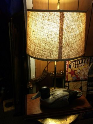Vintage Mallard Decoy Duck Lamp Hand Carved & Painted With Burlap Shade
