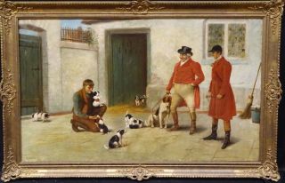 Large 19th Century English Stable Fox Hound Dog Puppies Litter Oil Painting
