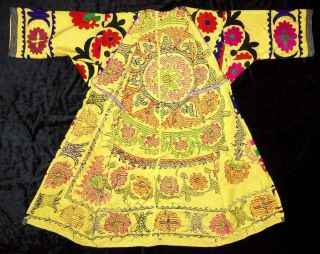 VINTAGE OLD GORGEOUS UZBEK SILK HAND EMBROIDERY ROBE CHAPAN JACKET CAFTAN A12611 2