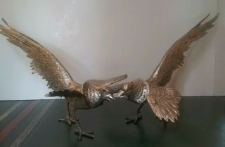 Vintage Pair,  Silver Tone Metal Crafted Pheasants,  Rooster Cocks Table Decor