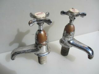 Large Antique Chromed Brass Taps Sink Basin Bath Porcelain Caps Vintage Old