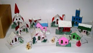 Vintage Retro Christmas Village Japan Putz Decorations Houses Trees Glitter Wbox