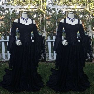 Medieval Vintage Black Lace Wedding Dresses Gothic Bell Long Sleeves Bridal Gown