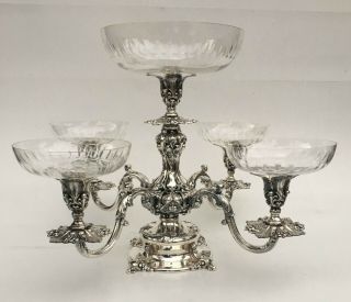 4 Arm Fine Reed & Barton Silver Plate 166 Art Nouveau Epergne Five Crystal Bowls