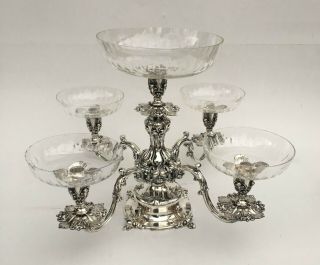 4 Arm Fine Reed & Barton Silver Plate 166 Art Nouveau Epergne Five Crystal Bowls 4