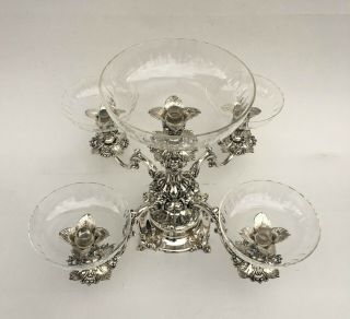 4 Arm Fine Reed & Barton Silver Plate 166 Art Nouveau Epergne Five Crystal Bowls 6