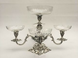 4 Arm Fine Reed & Barton Silver Plate 166 Art Nouveau Epergne Five Crystal Bowls 7