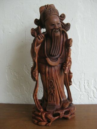 Fine Old Chinese Carved Hardwood Wood Immortal Statue Carving W/scepter 10 " Big