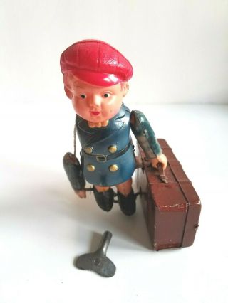 Vintage Wind - Up Tin & Celluloid Boy With Suitcase