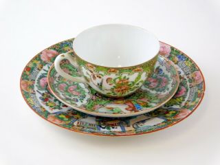 20th Cent Chinese Famille Rose Medallion Tea Cup Saucer Plate Green Gold China