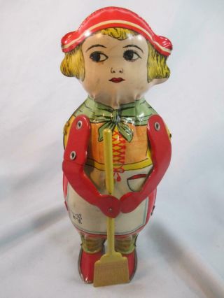Vintage Tin Lithograph Wind - Up Toy Lindstrom Usa Sweeping Kantinka