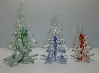 Vintage Art Glass Christmas Trees Green Blue Red Ribbons Rare Set Of 3