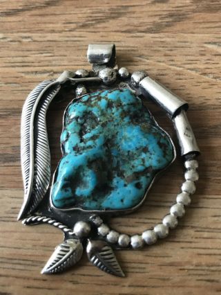 Vintage Navajo Old Pawn Sterling Silver & Turquoise Necklace Pendant 24.  4 Grams