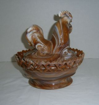 Vintage Signed Imperial Caramel Slag Glass Hen Rooster On Nest