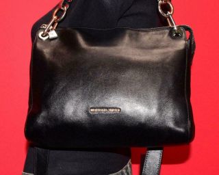 Vtg Michael Kors Black Leather Small Zip - Top Shoulder Cross - Body Chain Purse Bag