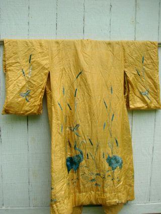 Vintage Japanese Silk Kimono Yellow Embroidered Cranes Padded Tlc