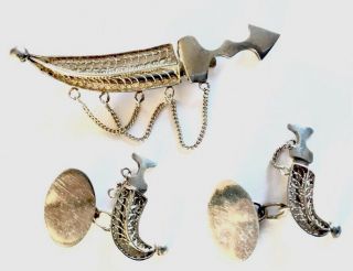 Vintage Silver Filigree Arabic Janbiya Khanjar Dagger Cufflinks & Tie Clip Clasp
