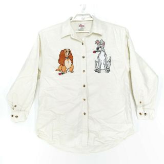 Vintage Lady & Tramp Disney Store Creme Button Down Shirt Sz L Embroidered