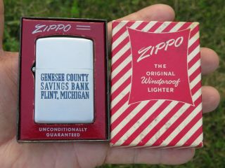 Mib Vintage 1950 - 57 Zippo Lighter Genesee County Bank Flint Michigan W/box