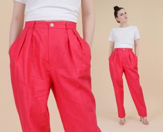 Vintage 80s Bright Pink Ralph Lauren High Waist Linen Pleated Trouser Pants M 29
