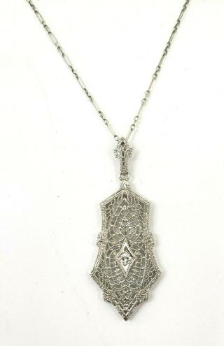 Vintage 14k White Gold Diamond Filigree Pendant And Necklace
