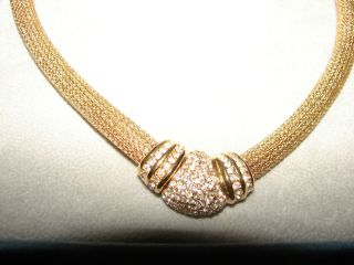 Vintage Christian Dior Pave Rhinestone Gold Tone Mesh Choker Necklace Signed